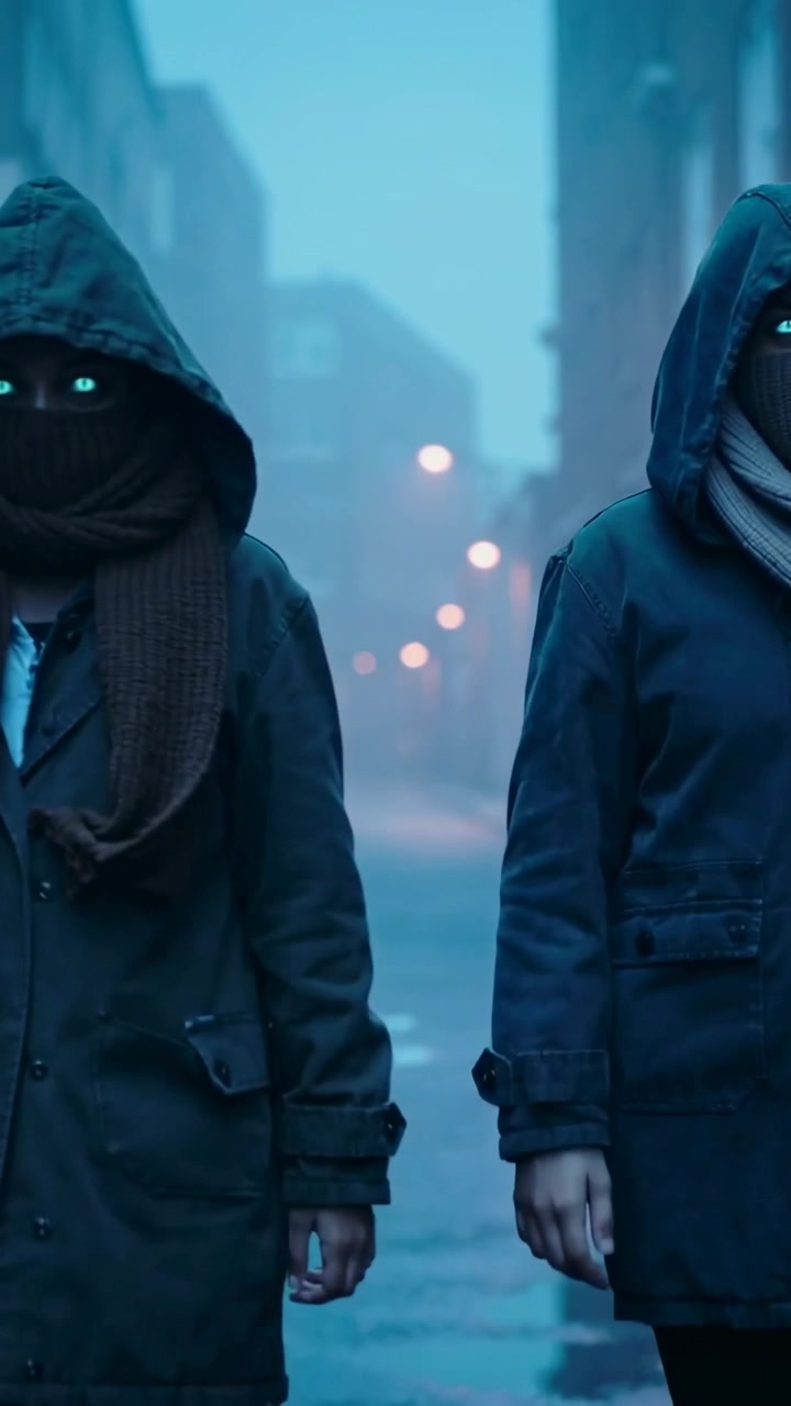 Vertical video: Walking hooded pair wearing parkas, scarves, moving down foggy lane with cyan eyes