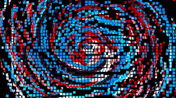 Pixel animation of colorful circle lines, cartoon style backdrop, computer generated background, 3d render