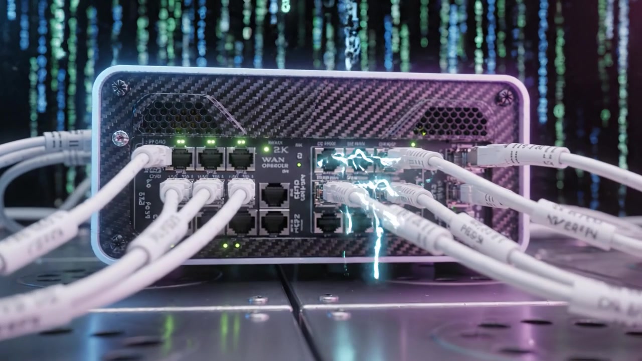 A High-Tech Network Device Surrounded by Digital Patterns and Cables, Illustrating Connectivity in Modern Technology with Vibrant Colors and Dynamic Lighting Effects