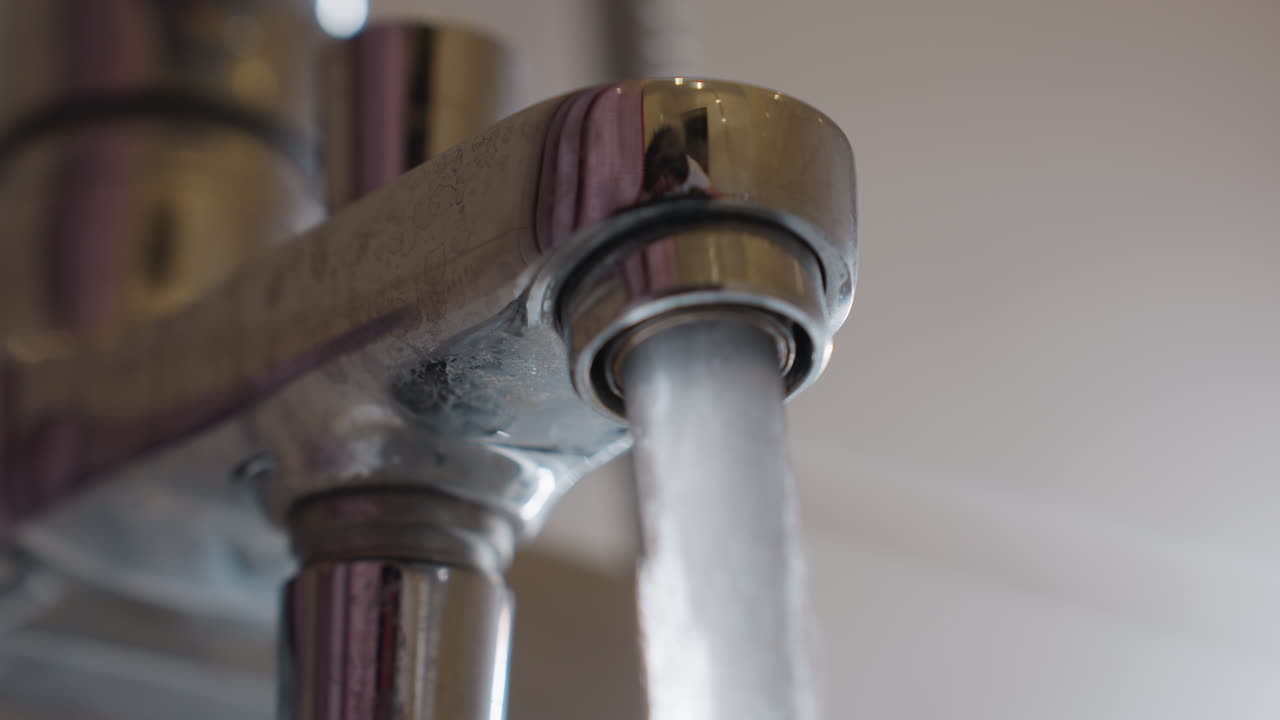 Close up of water streaming from chrome tap in bathroom with visible reflections on metal surface, showing detail of plumbing, flow, modern lifestyle and daily water use in household environment