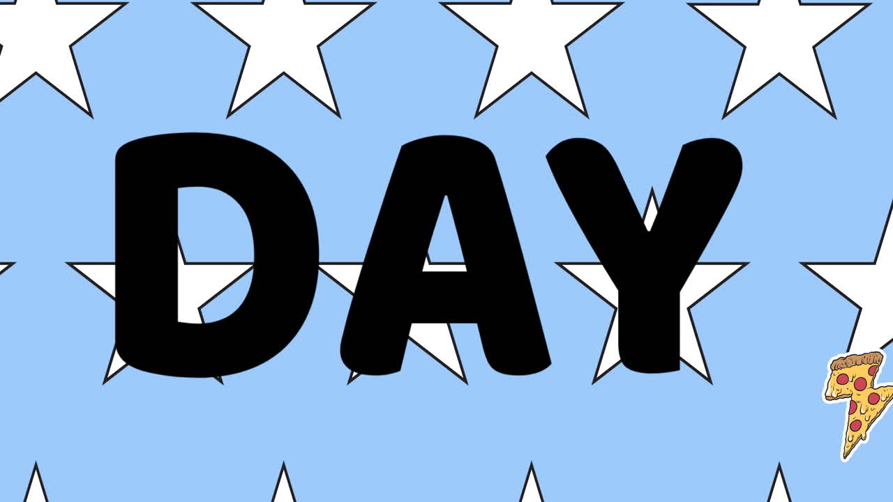 파란색 배경의 별 위에 피자 날 텍스트와 피자 아이콘의 애니메이션