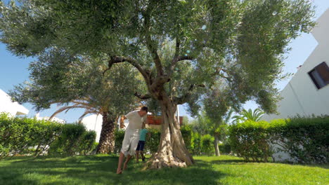 Fröhlicher-Vater-Und-Sohn-Spielen-Fangen-Im-Garten