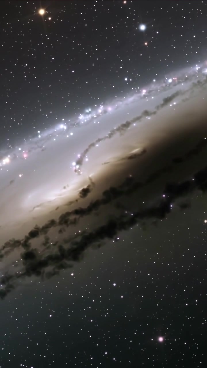 Video verticale: Panoramica della telecamera che inizia con una galassia vista di taglio che ruota e mostra una fascia di polvere nello spazio profondo.