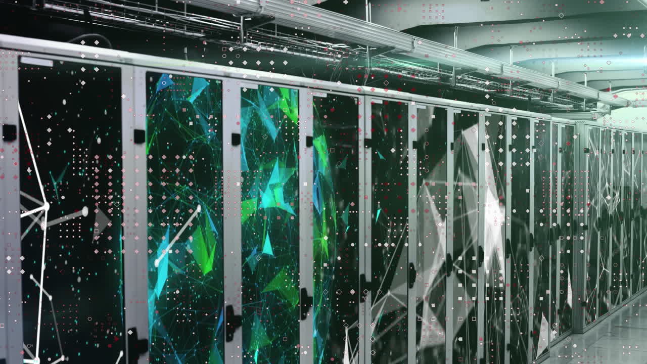 Animation of connected dots and globes on server racks in server room