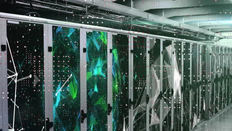 animation of connected dots and globes on server racks in server room