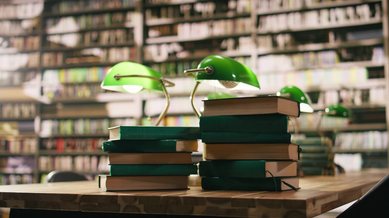 Pile of hardcover books on wooden desk in empty college library