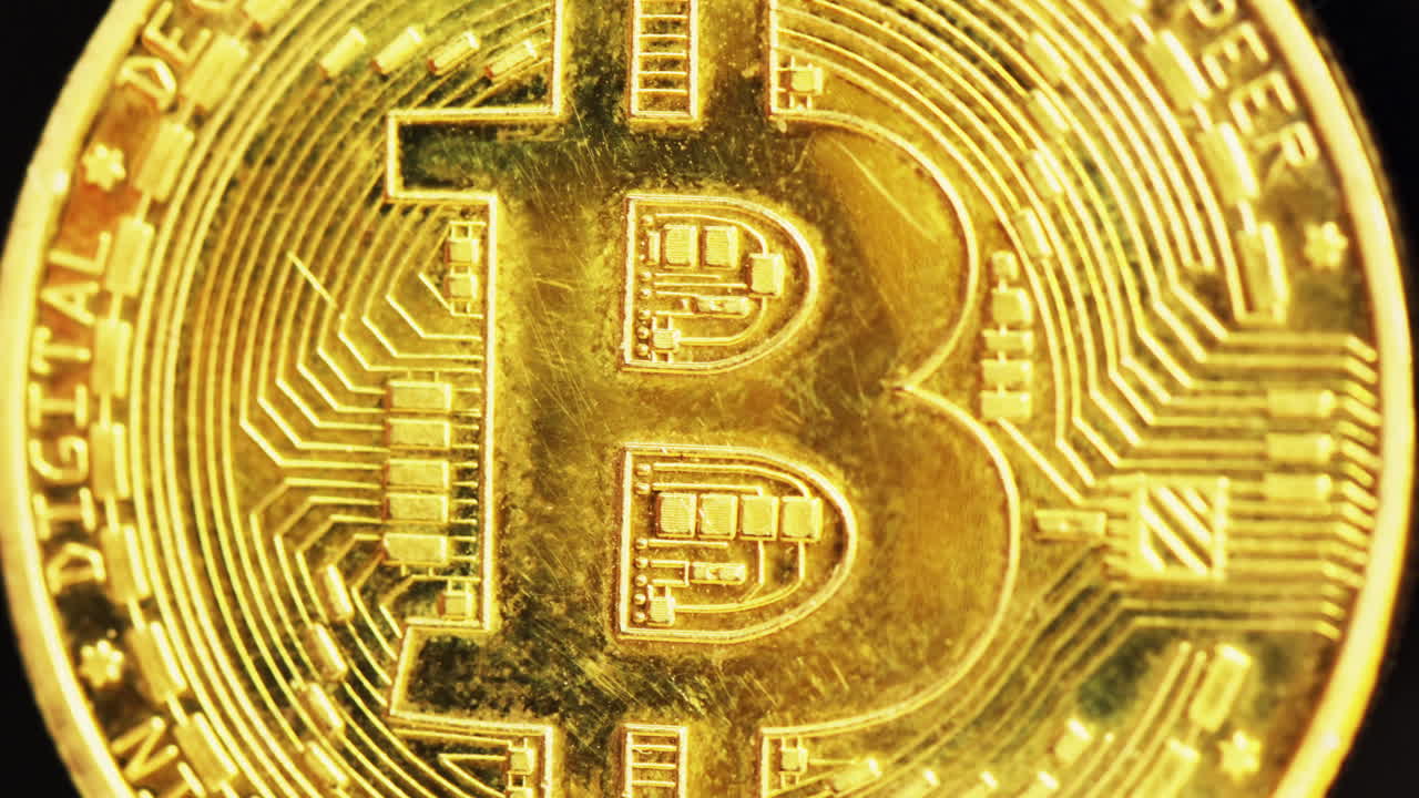 Close up macro golden bitcoin crypto currency blockchain