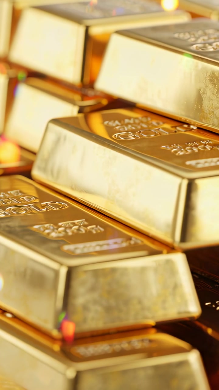 Vertical video: Camera moving upward revealing stacked gold bars in tight closeup, showing stamps