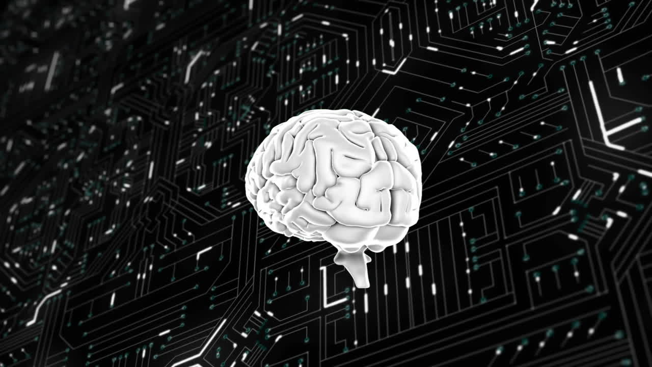 Grey brain rotating on computer circuit board