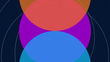 Animation-of-overlapping-translucent-blue,-purple-and-orange-circles-moving-on-black