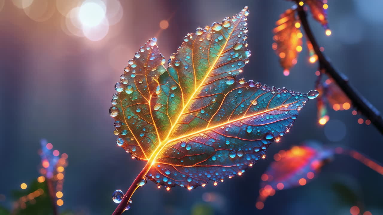 Glowing Leaf with Water Droplets