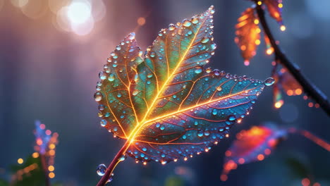glowing leaf with water droplets