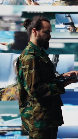 vertical video military officer reviews data from surveillance and works on tactical operations