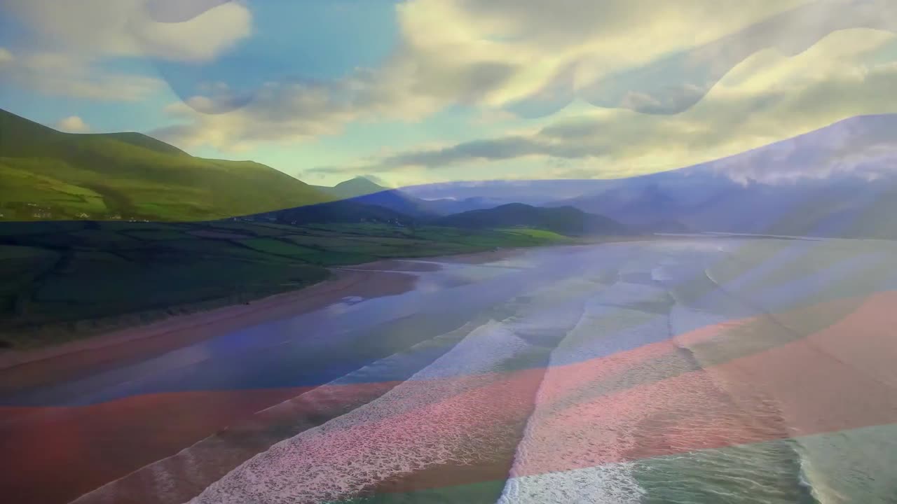 animación de la bandera de colombia ondeando sobre el paisaje marino