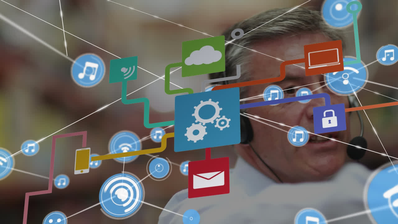 diagrama de flujo de iconos de animación, iconos conectados, hombre caucásico dando una presentación con auriculares