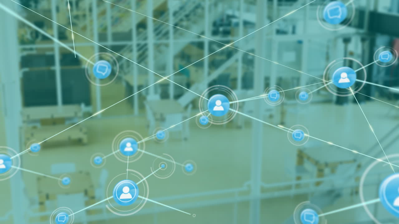 Network of connections and data processing animation over industrial setting