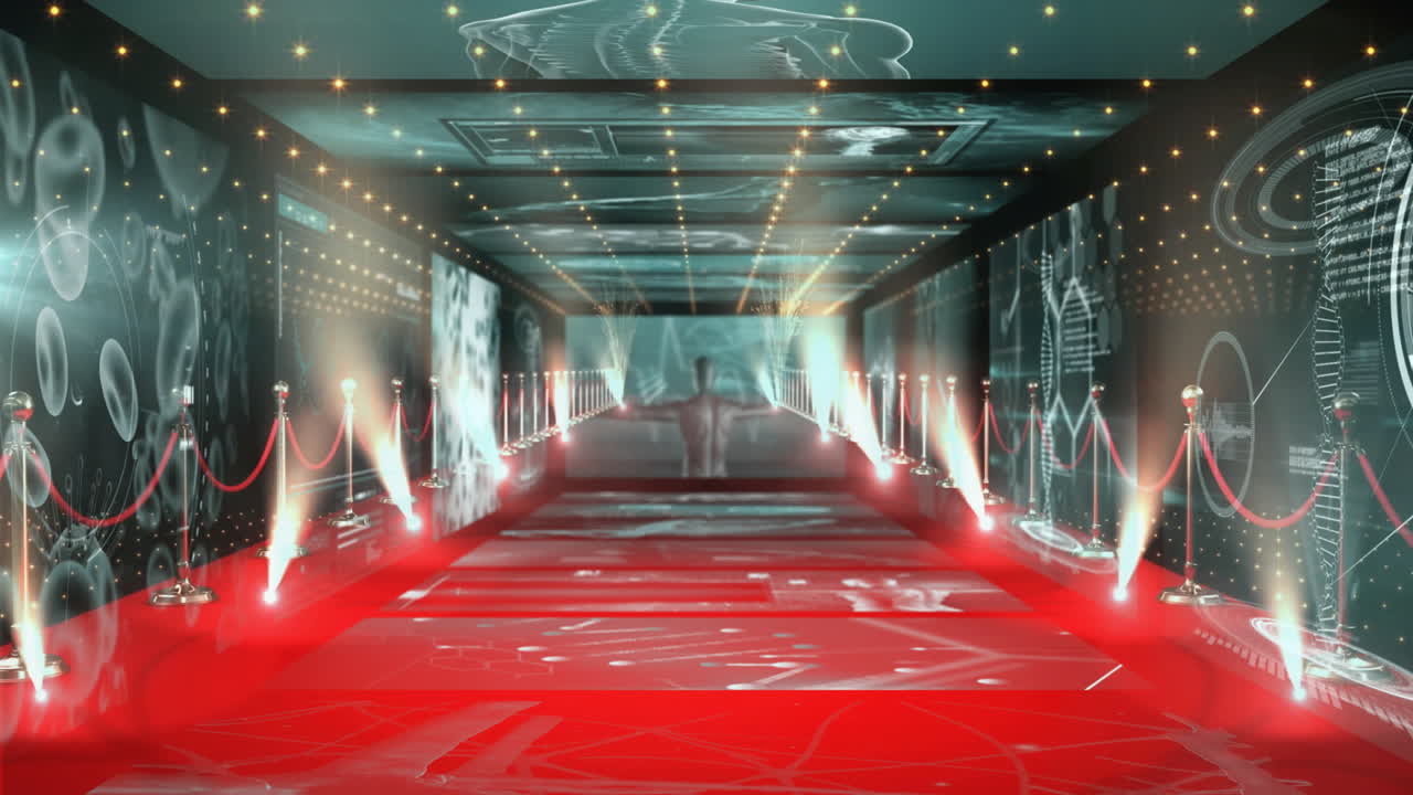 In school, animation of futuristic hallway with red carpet and digital projections