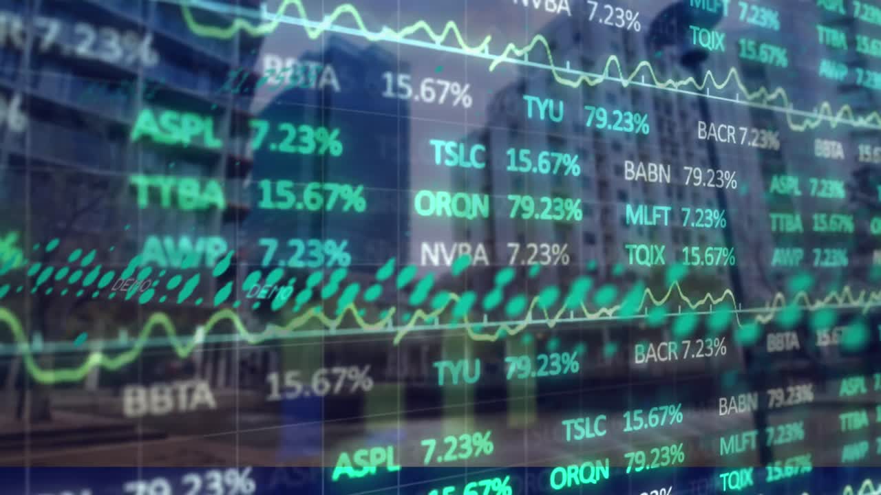 animación del procesamiento de datos estadísticos y bursátiles en todo el mundo contra edificios altos.