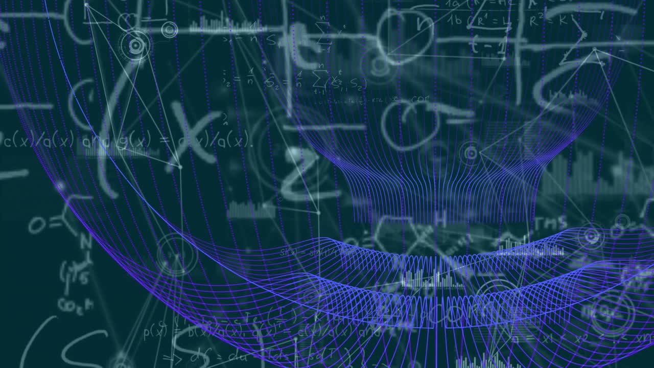 Animation of connected dots and graphs icons over abstract pattern against mathematical sums