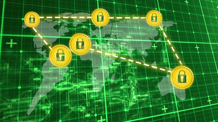 Animazione di una rete di connessioni con lucchetto di sicurezza online su griglia.