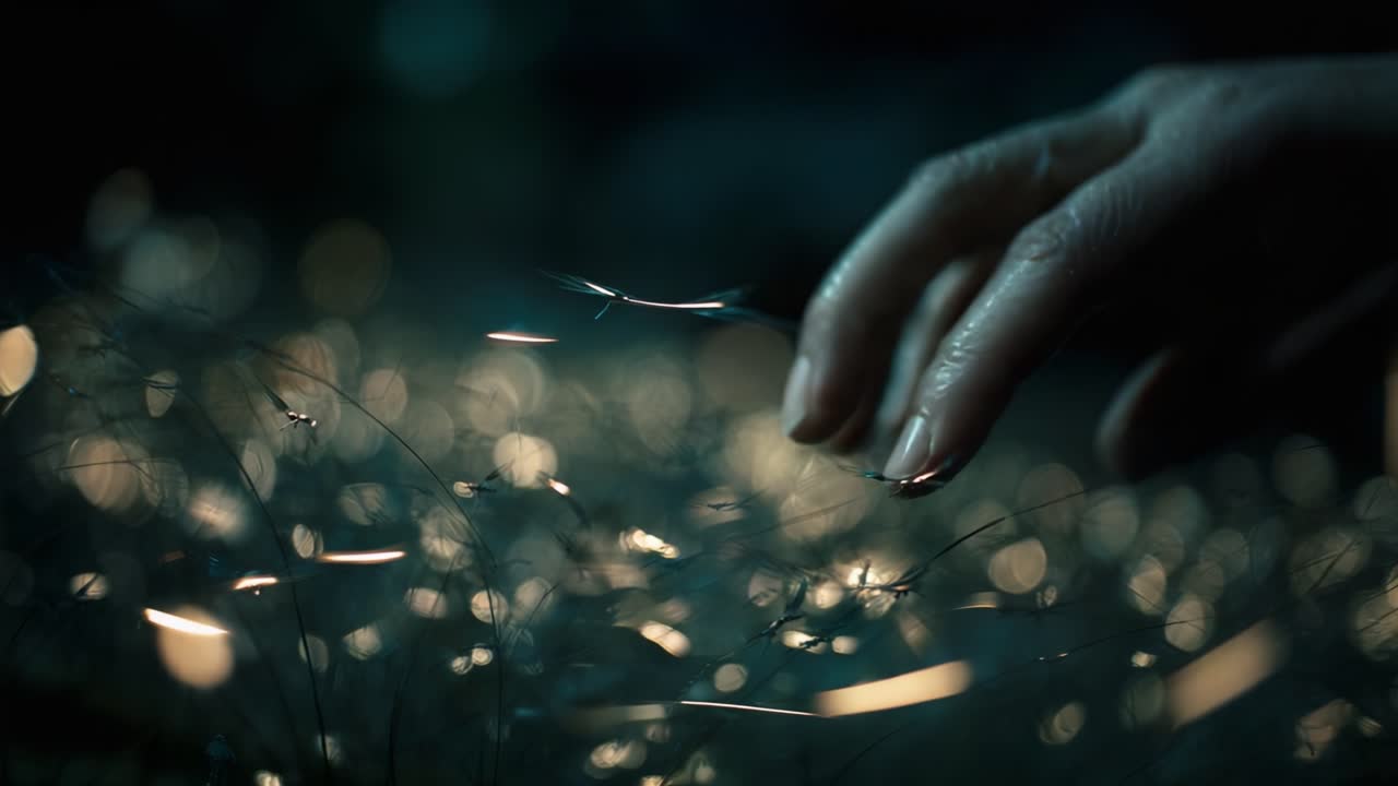 A mesmerizing interaction between delicate fingers and shimmering strands, highlighting the beauty of light reflections and textures in a tranquil and ethereal environment