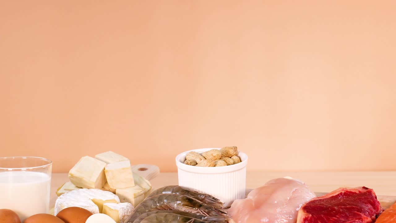 단백질이 풍부한 다양한 식품이 함께 전시되어 있습니다.