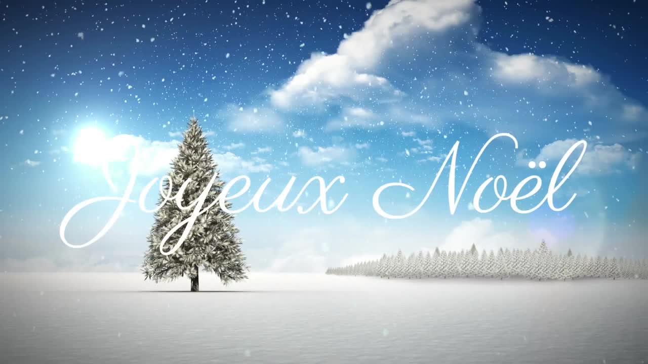 animación del texto de joyeux noel sobre el árbol de navidad y la nieve cayendo sobre el paisaje de invierno