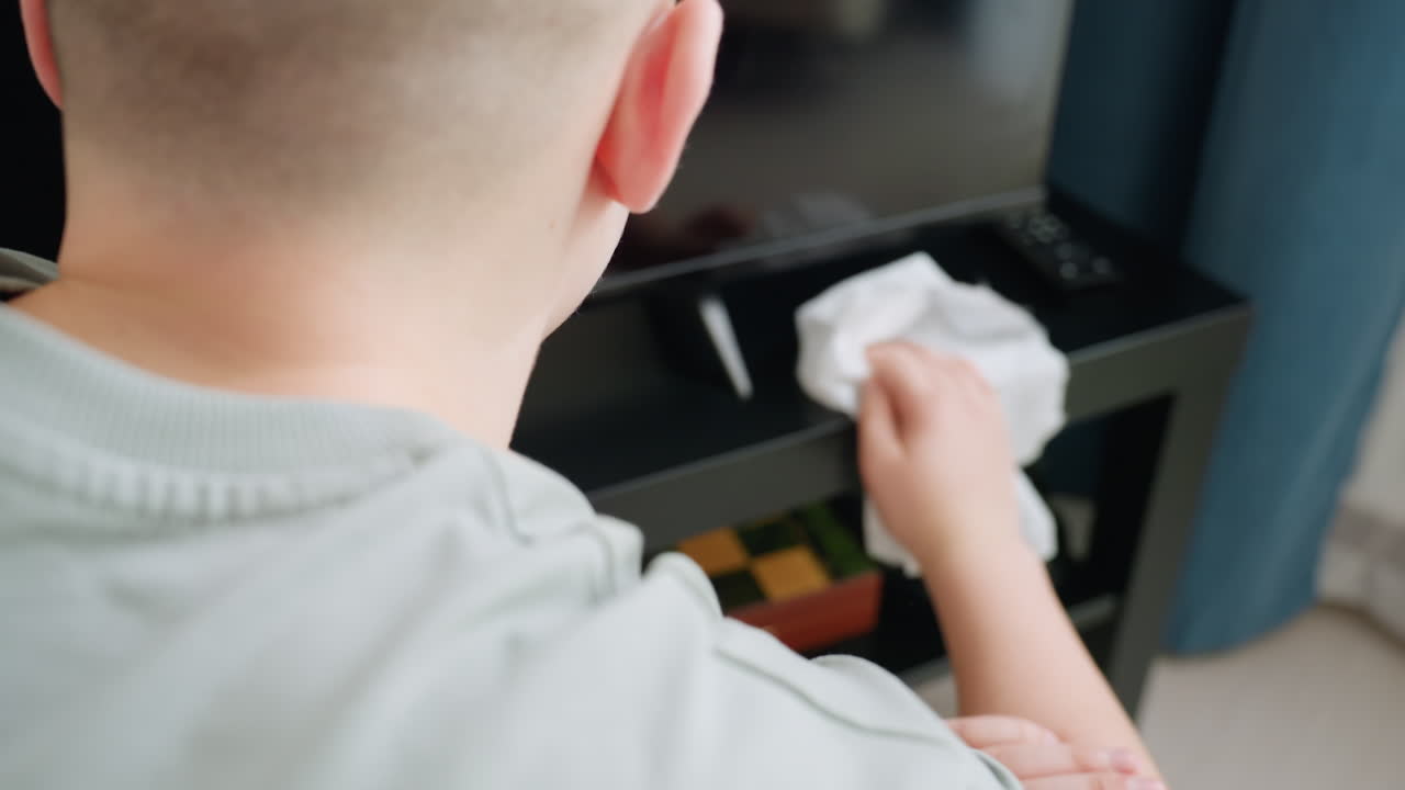 Close up rear view of kid carefully wiping plasma television table with cloth, showing focus and effort in maintaining clean organized household interior under bright daylight atmosphere