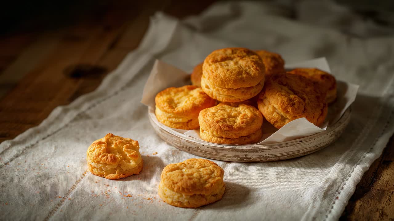 Zooming camera bringing biscuits on parchment plate closer on rustic table, highlighting texture