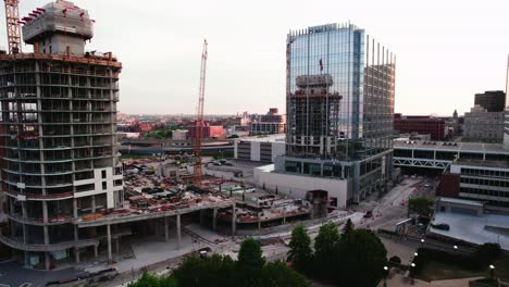 Stunning-Milwaukee-Wisconsin-Construction-Crane-Aerial-Sunset-Silhouette