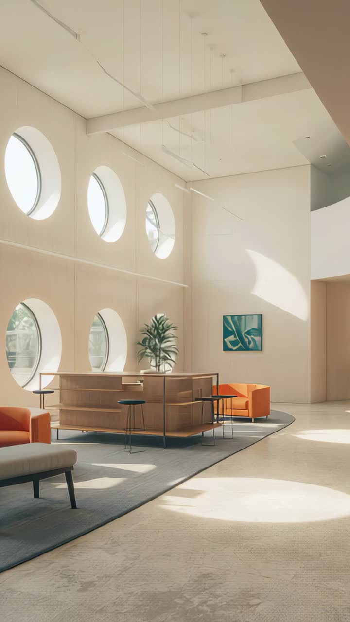 Vertical video: Panning camera showing beige seats in atrium by portholes sun moving to yellow door