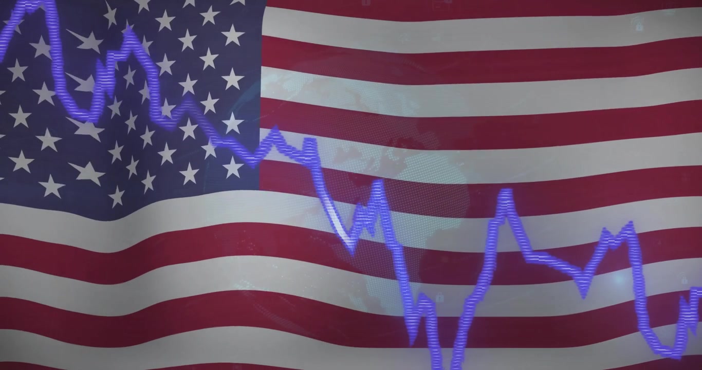 Stock market graph over animation of American flag