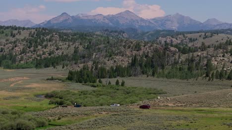 aerial tracking follows caravan of offroad vehicles driving through lush valleys and fields in the wind river range, offering scenic beauty