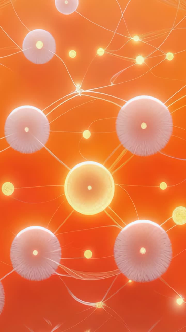 Vertical video: Animating network pulsing and linking nodes on orange gradient with filaments