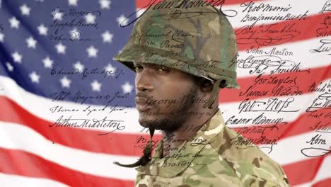 animation of document with text over soldier wearing helmet and american flag