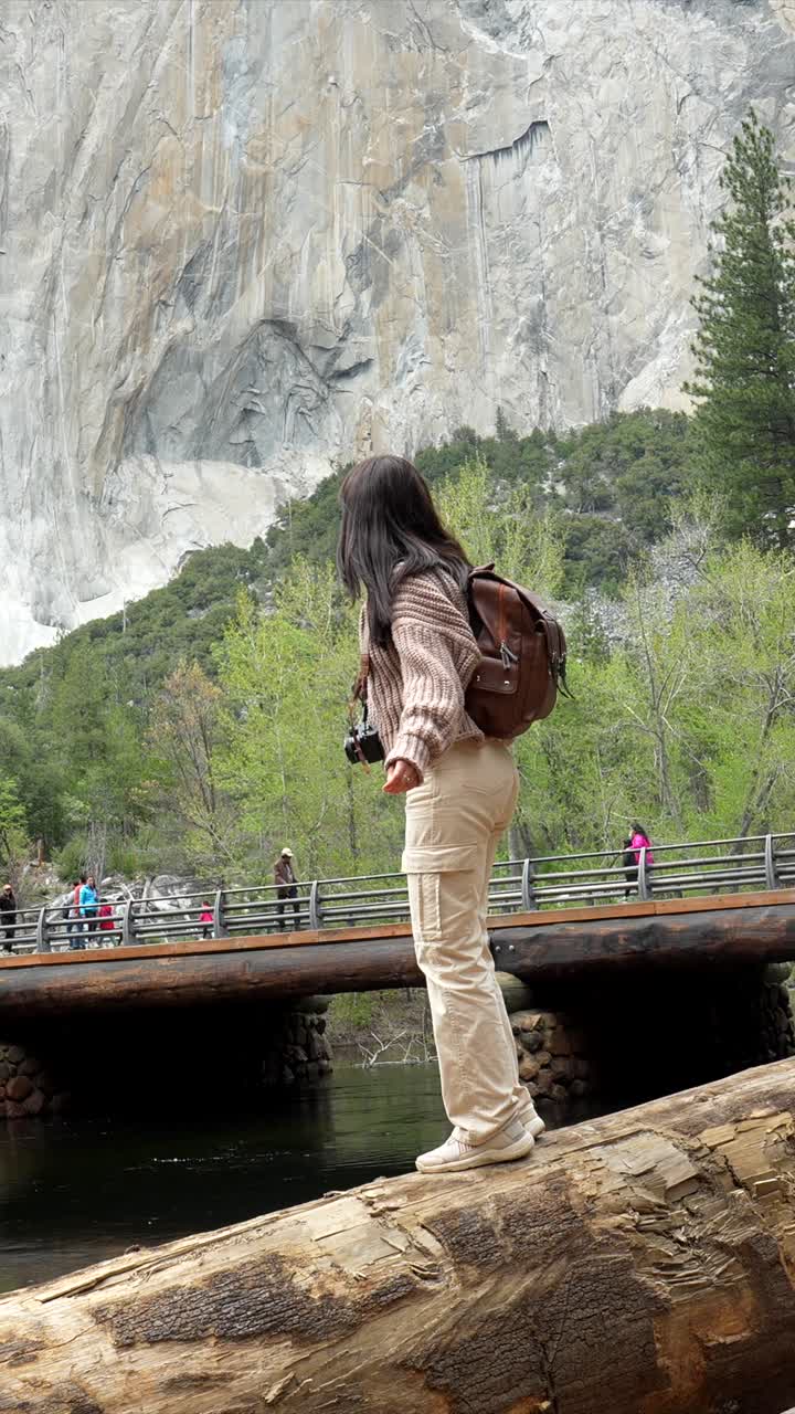 丸太の上を歩き、雄大な山を見上げる若い女性