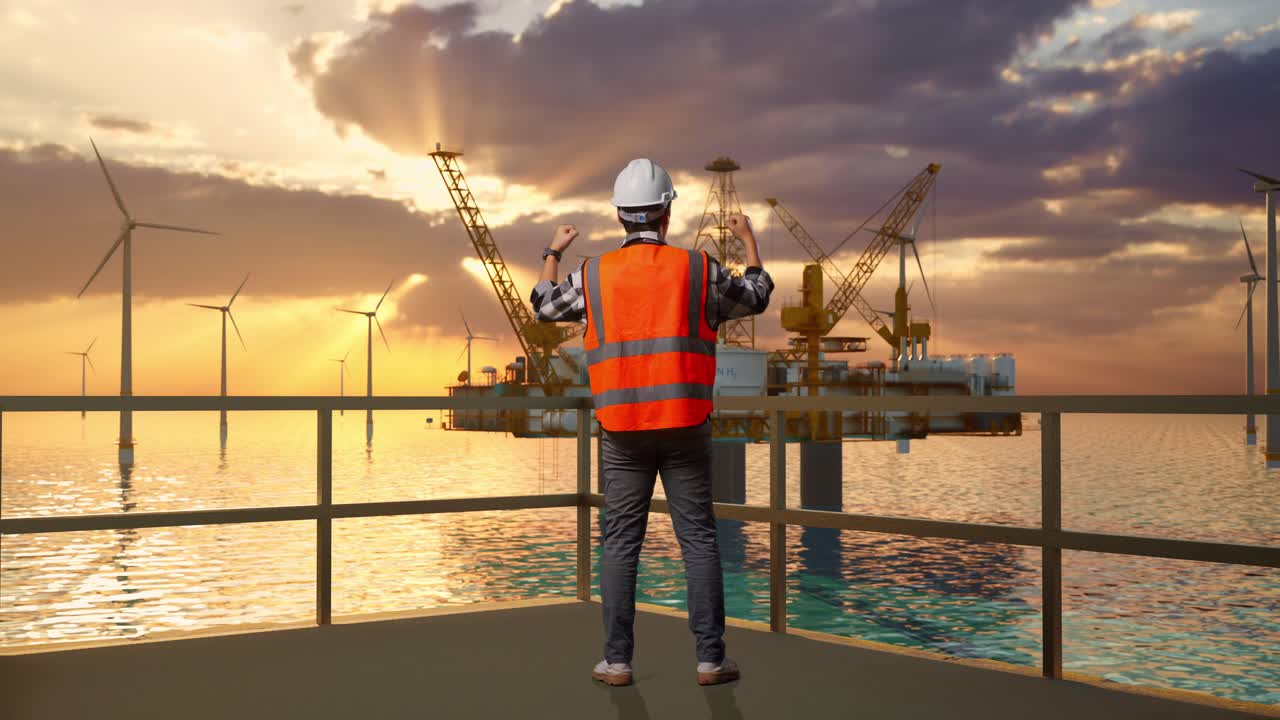 ingeniero celebra la finalización de un parque eólico en alta mar