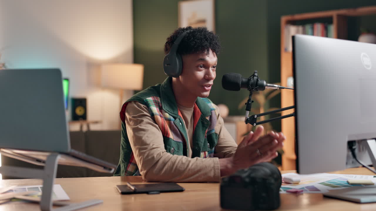 Man recording podcast in studio