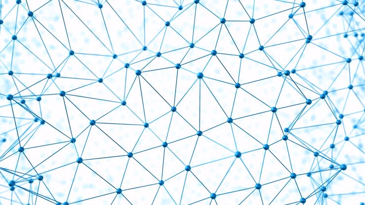 Connettività Scientifica in 3D: Strutture Molecolari e Blockchain su uno Sfondo Blu Futuristico