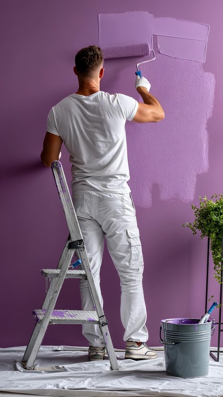 Joven pintando una pared interior de color morado usando un rodillo de pintura