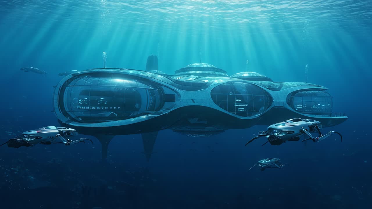 An Innovative Underwater Habitat Showcasing Advanced Technology, Seamlessly Blending with Marine Life in a Stunningly Illuminated Subaquatic Environment