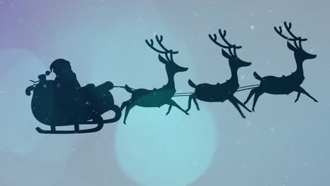 Animation-of-silhouette-of-santa-claus-in-sleigh-being-pulled-by-reindeer-on-blue-background