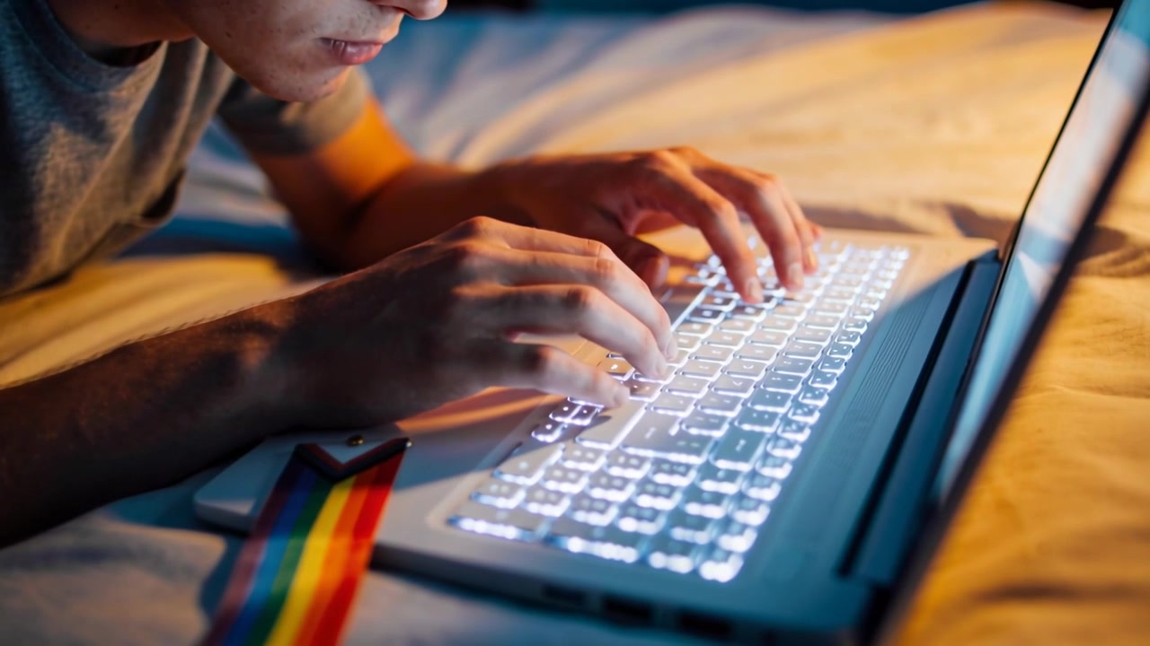 Jugendlicher tippt und reagiert auf das Leuchten des Laptopbildschirms, nachts im Bett liegend, mit Regenbogenband.