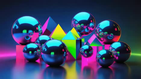 abstract neon geometric shapes and reflective spheres
