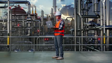 full body side view of asian male engineer with safety helmet working on a laptop while standing in a refinery, oil processing equipment and machinery