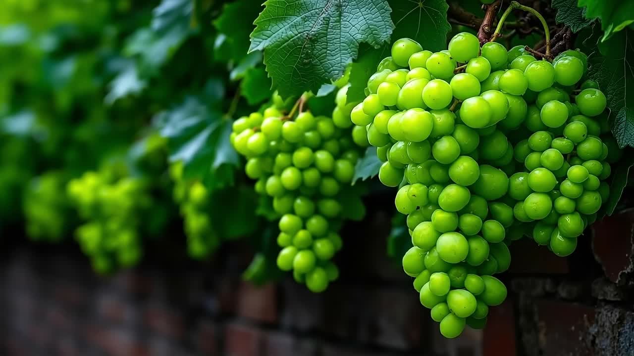 A bunch of green grapes hanging from a vine on a brick wall