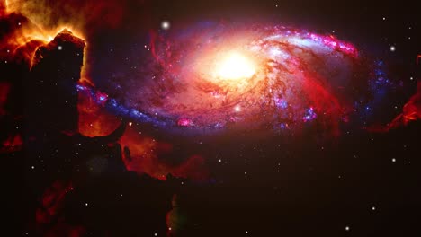 the red galaxy is in the middle of a nebula cloud in the universe that is studded with stars, space