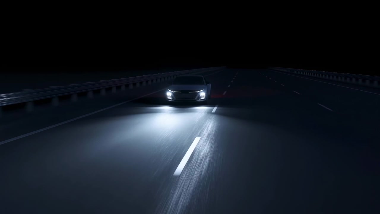 Car Headlights Piercing Wet Highway At Night, Isolated Vehicle Approaching Camera With Reflective Road