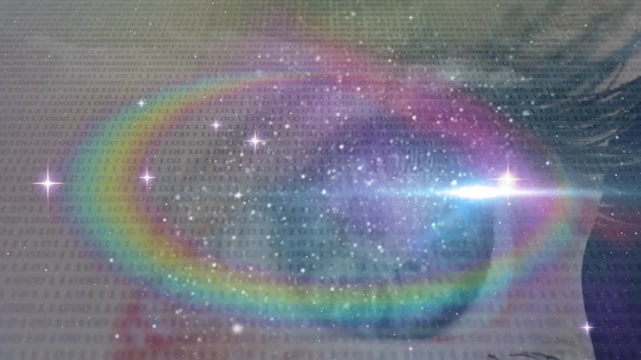 Animation of prism, stars and binary coding processing over woman's eye in background