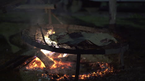 outdoor nighttime barbecue with a beef cut slow-cooking over a fire - slow motion